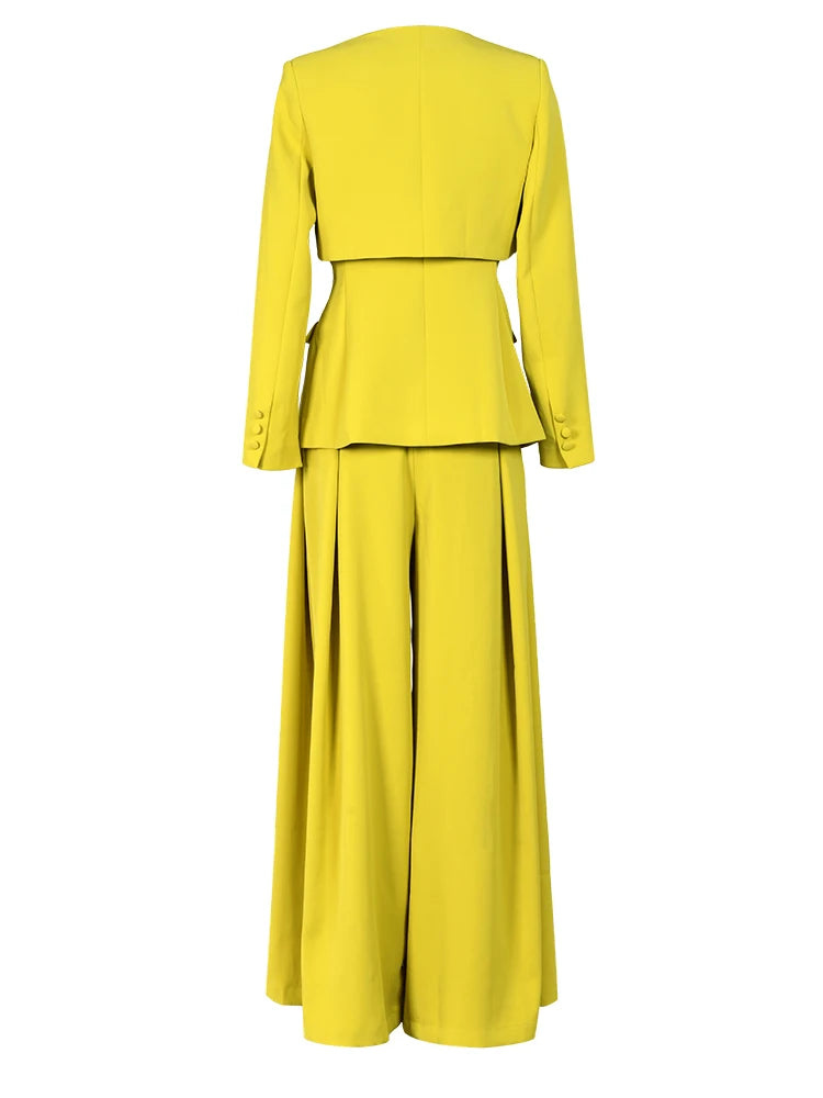 Yellow Two Pieces Set (Wide Leg Pants Sets with V Neck Blazer)