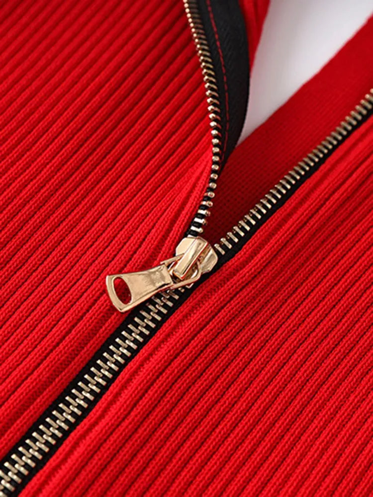 Knitting Red Midi Dress with V Neck