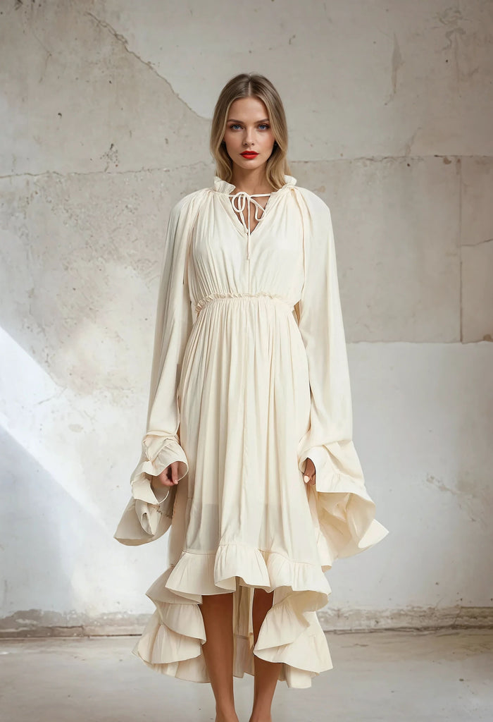 Elegant Ruffles Maxi Dress with Cloak Sleeves