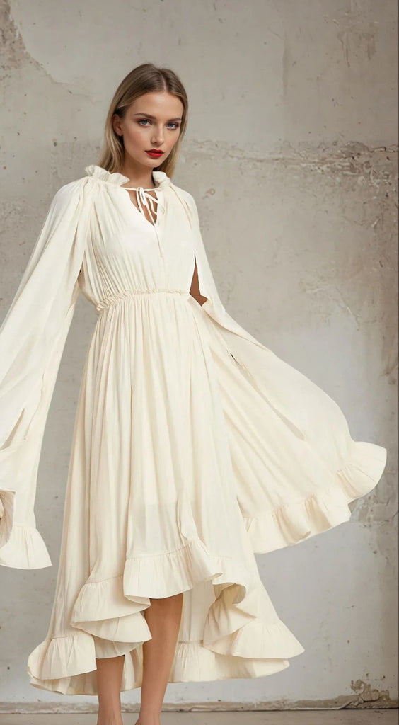 Elegant Ruffles Maxi Dress with Cloak Sleeves