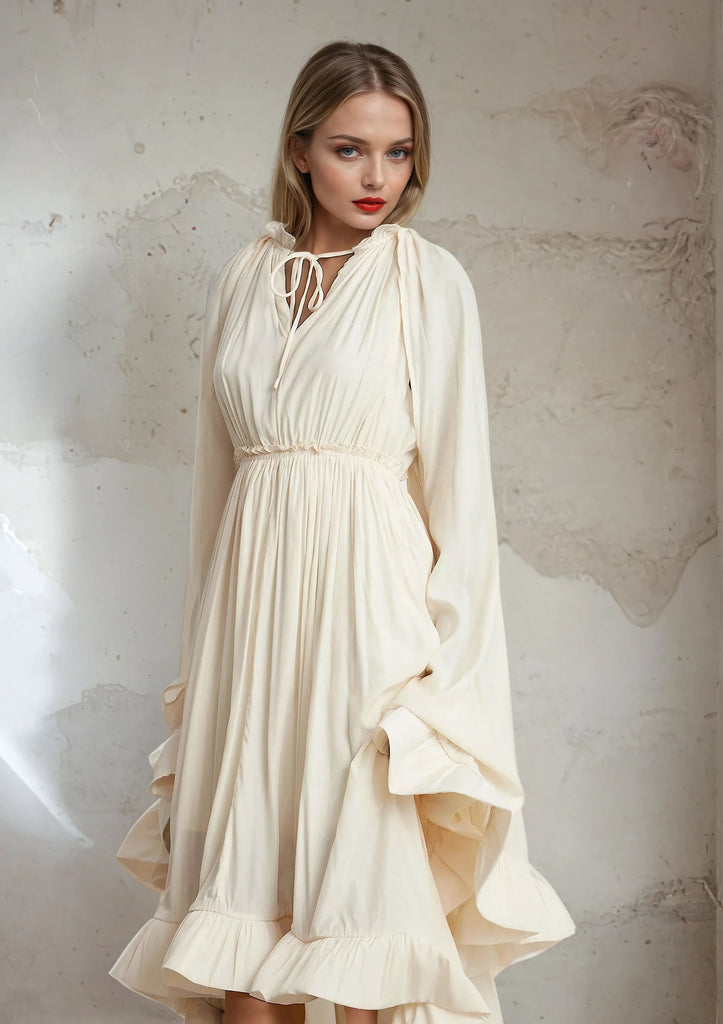 Elegant Ruffles Maxi Dress with Cloak Sleeves