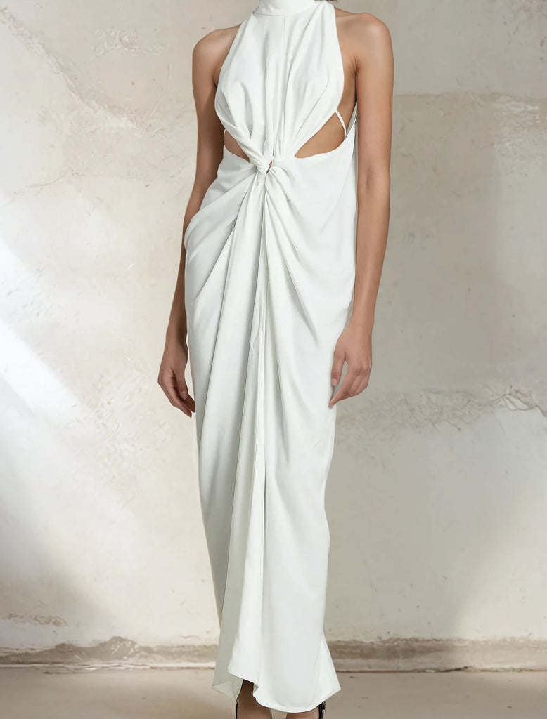 Sleeveless Hollow Out Minimalist Maxi Dress with Stand Collar