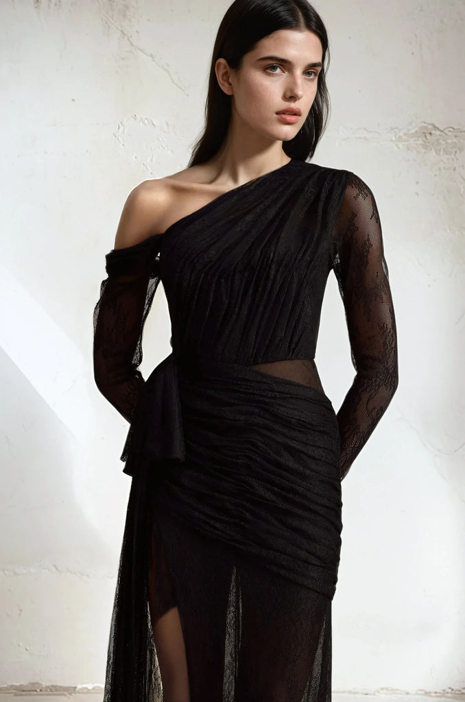 Black One Shoulder Lace Maxi Dress