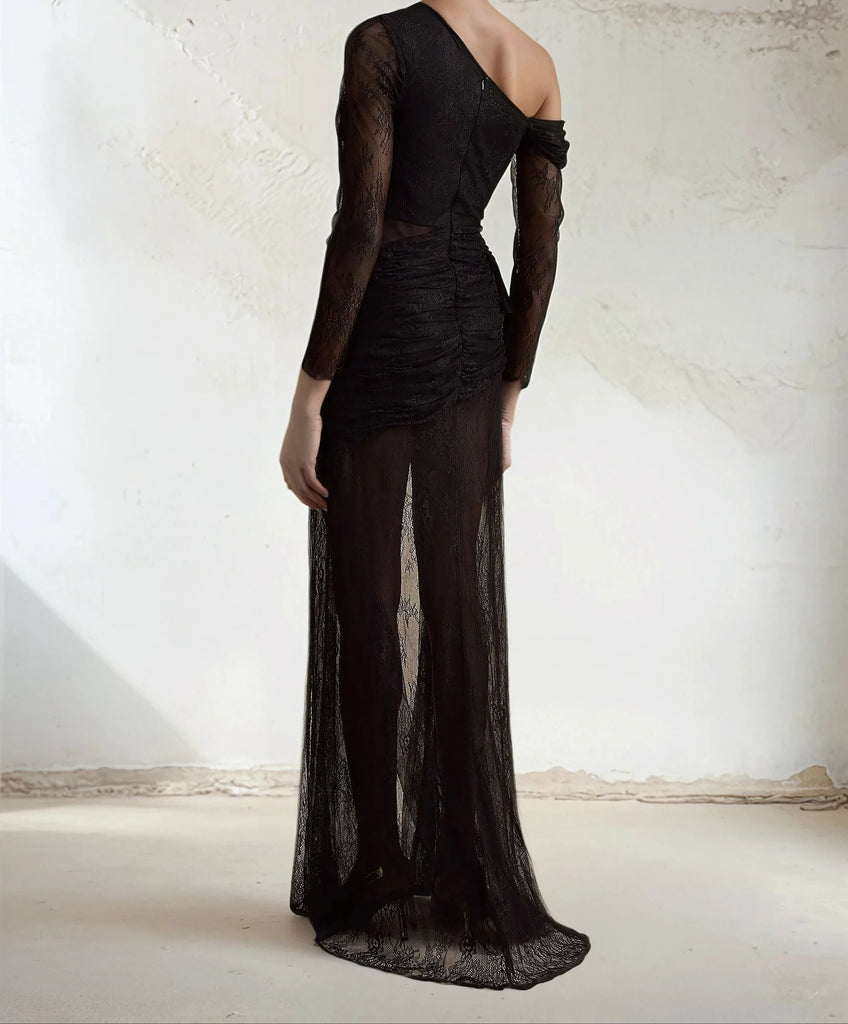 Black One Shoulder Lace Maxi Dress