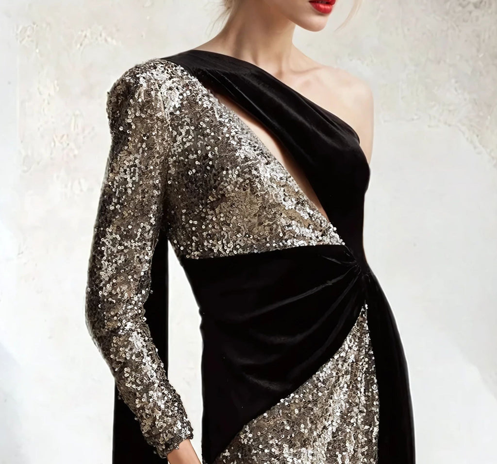 One-Shoulder Sequins Velvet Maxi Dress