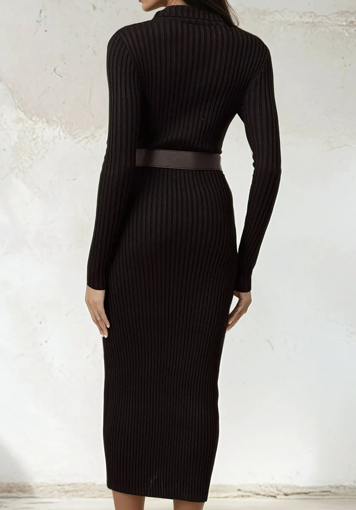 Knitted Zipper Midi Dress with leather Pocket