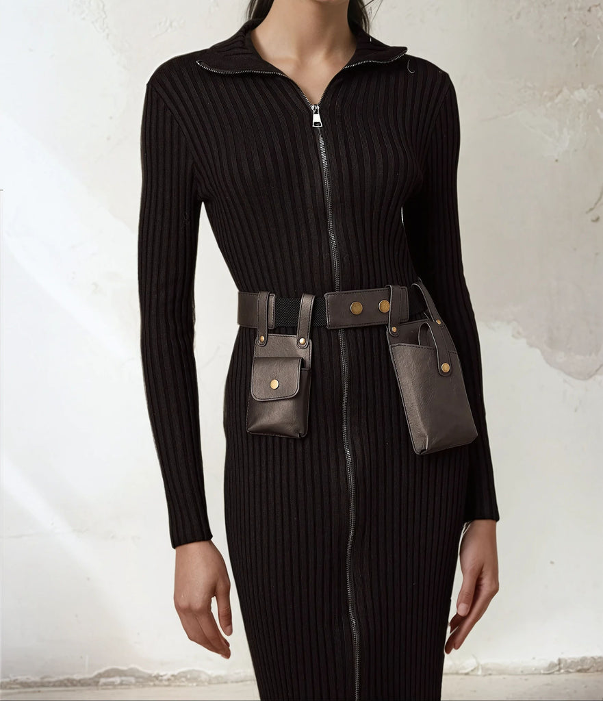 Knitted Zipper Midi Dress with leather Pocket