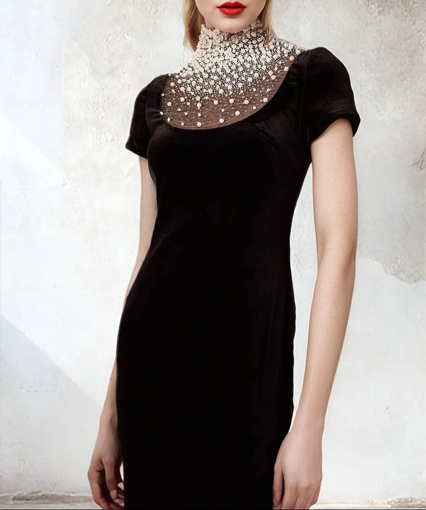 Black Velvet Maxi Dress with Rhinestones Pearls Turtleneck