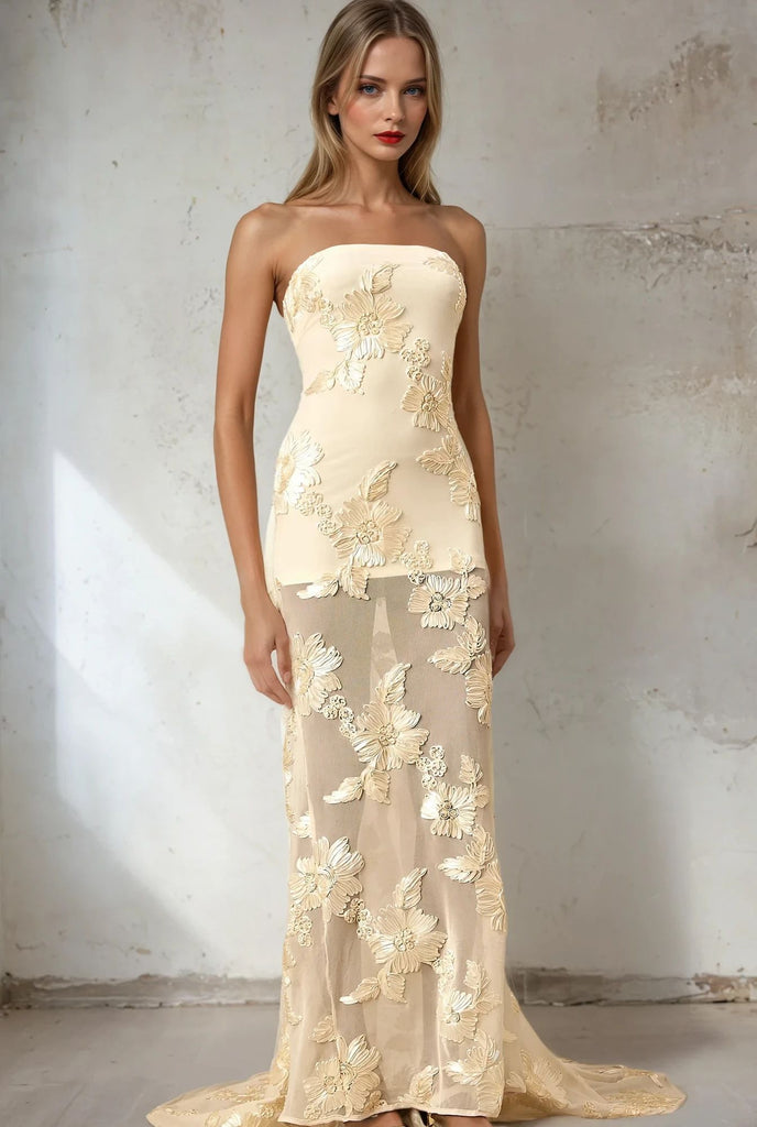 Mesh Embroidery Strapless Maxi Dress