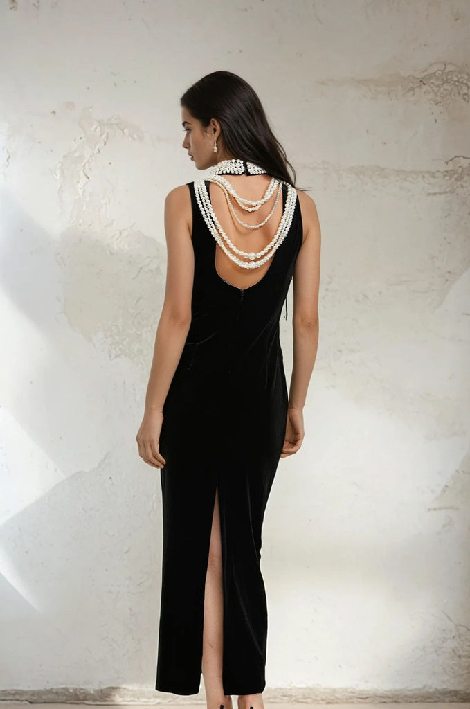 Velvet Pearl Necklace Backless Maxi Dress