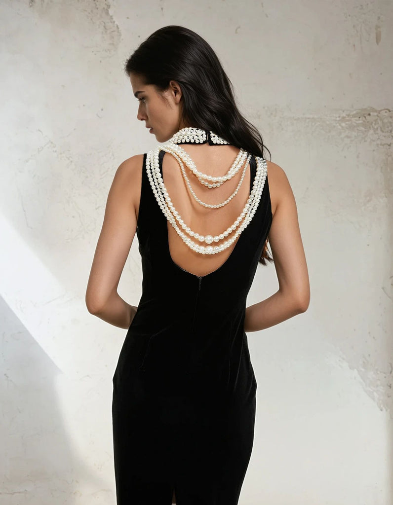 Velvet Pearl Necklace Backless Maxi Dress