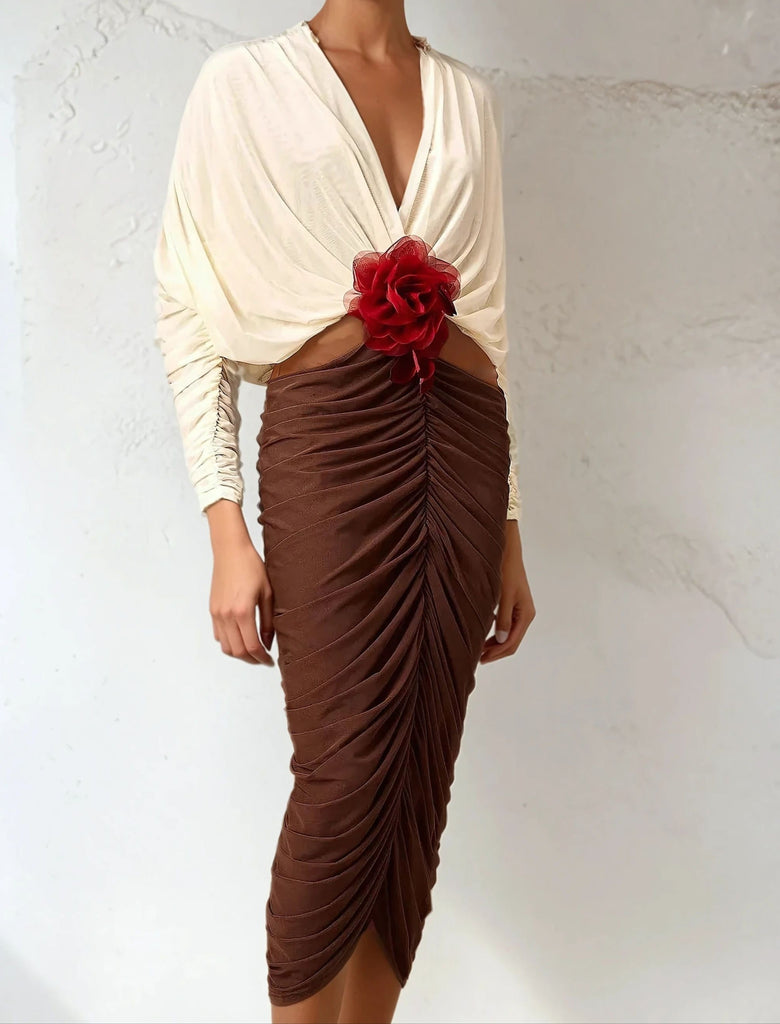 Hit Color Appliques Midi Dress