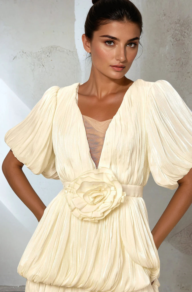 Appliques Mini Dress with Puff Sleeve