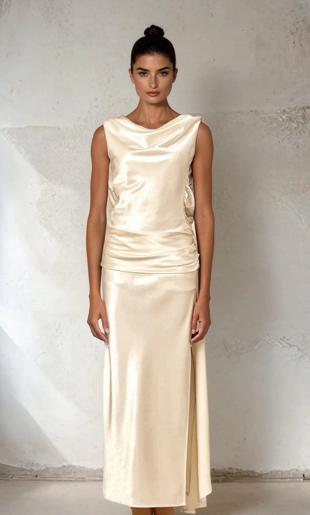 Folded Satan Backless Dress with Flower waist