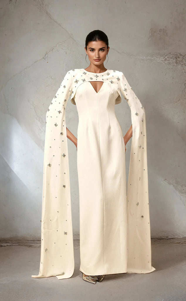 Elegant White Maxi Dress with Cloak Sleeves