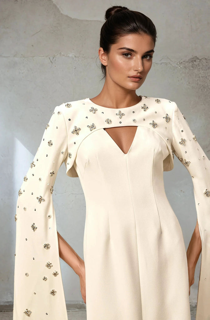 Elegant White Maxi Dress with Cloak Sleeves