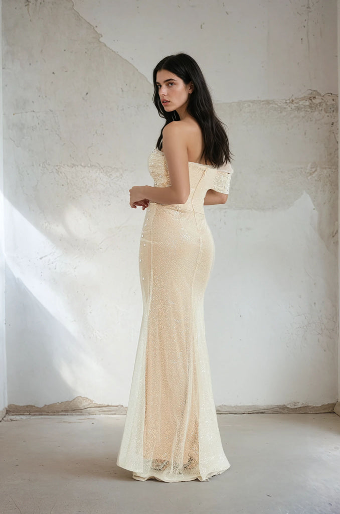 Pearl Off-shoulder Nude Maxi Party Dress