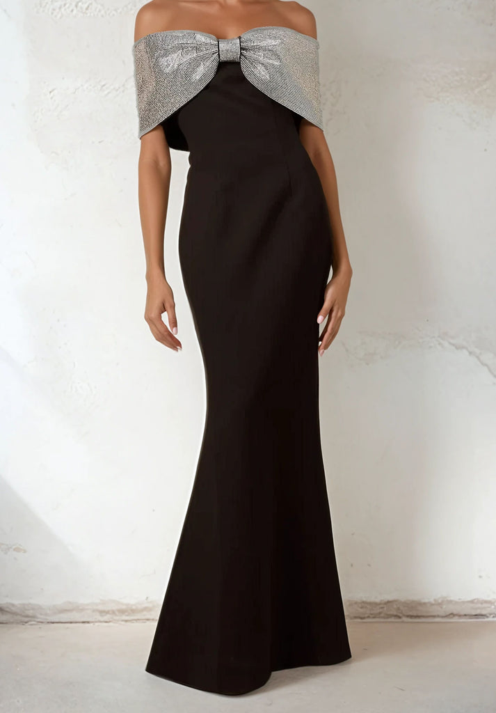 Diamonds Bow Off Shoulders Maxi Dress