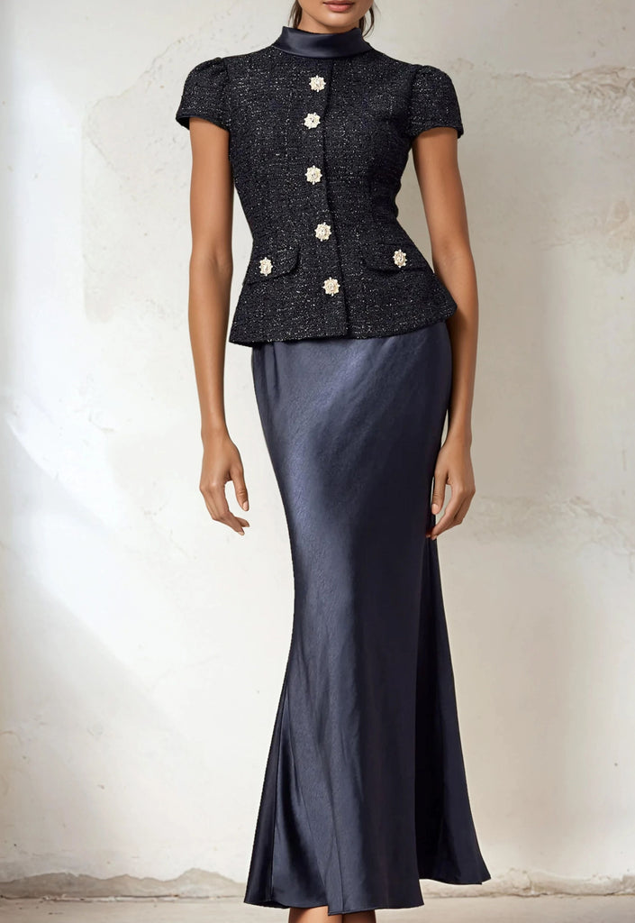 Two Piece Sets (Short Sleeves Tweed Top and High Waist Skirt )