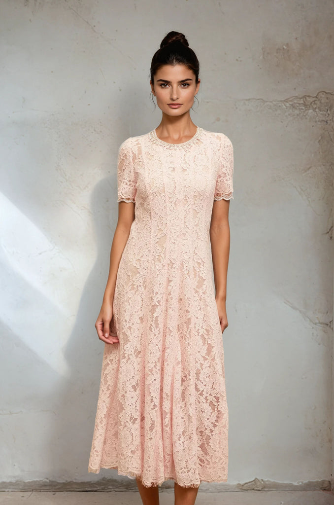 Pink Lace Midi Dress with Short Sleeves