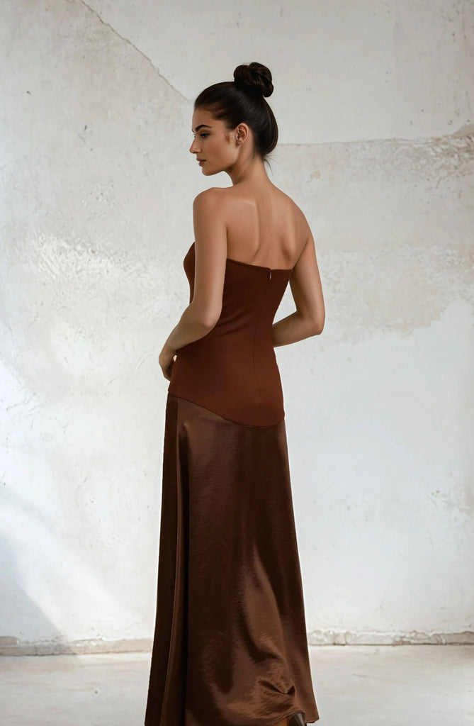 Strapless satin Brown Maxi Dress