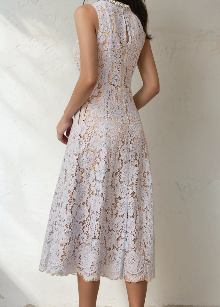 Hollow Out Midi Dress with Diamond Pearl Neck