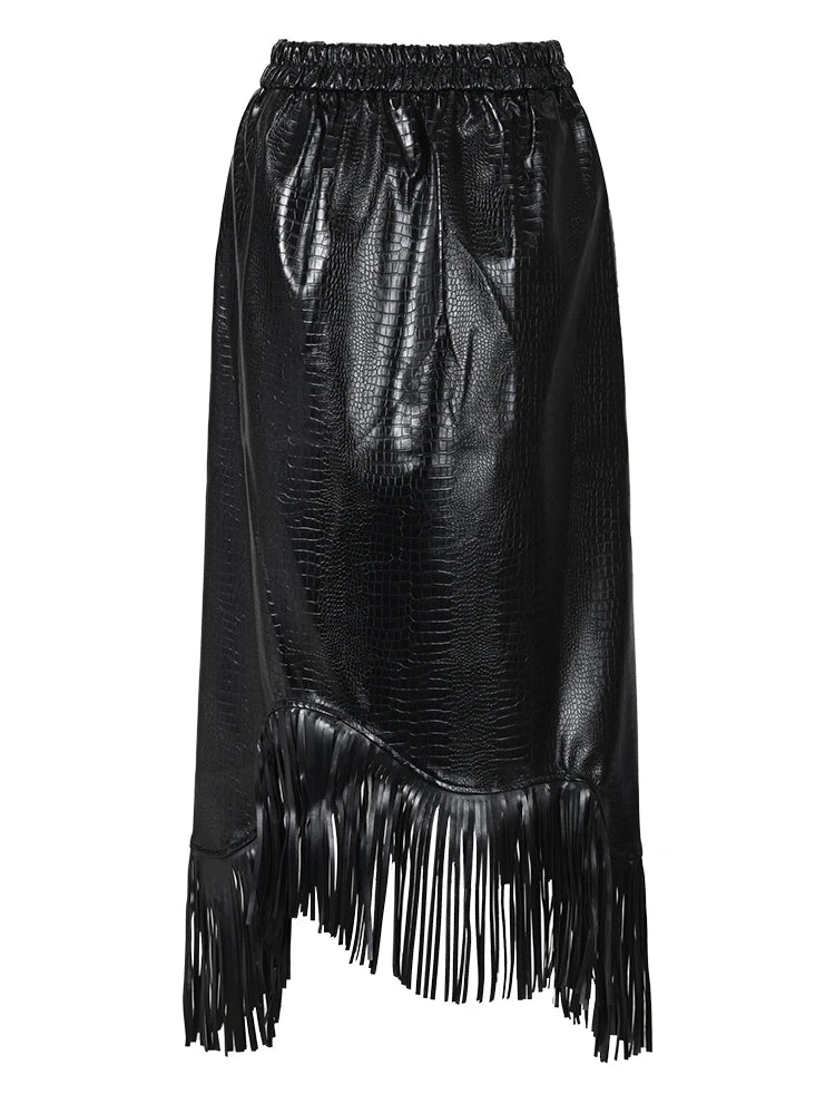 Black Pu Leather Tassels  Skirt