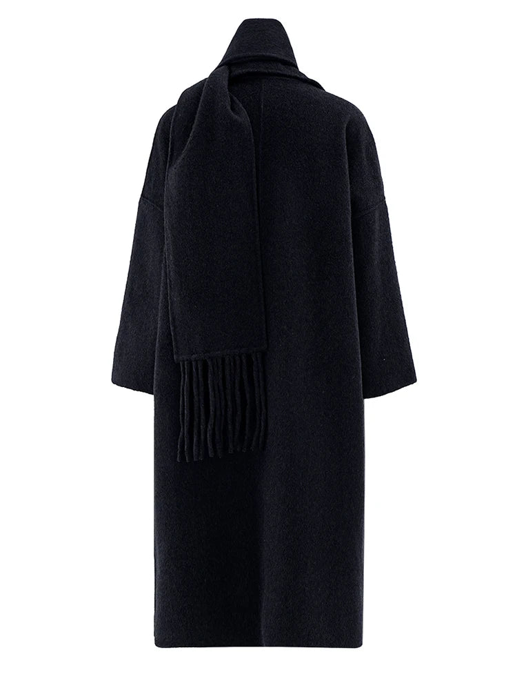 Big Size Long Woolen Coat With Scarf