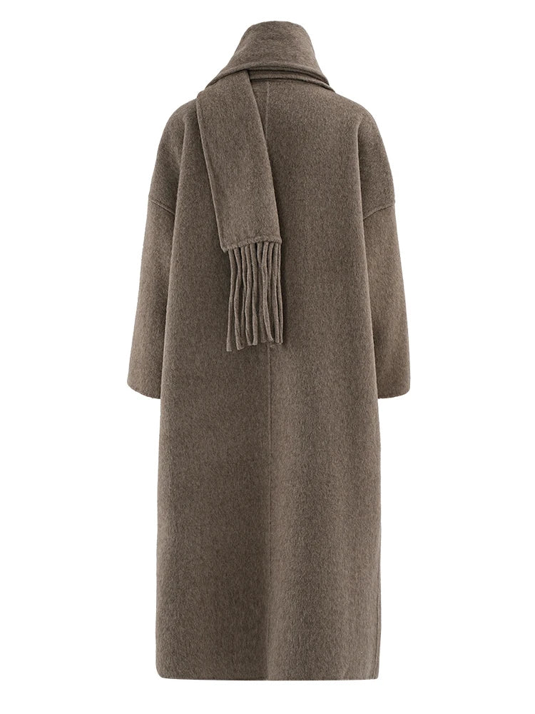 Big Size Long Woolen Coat With Scarf