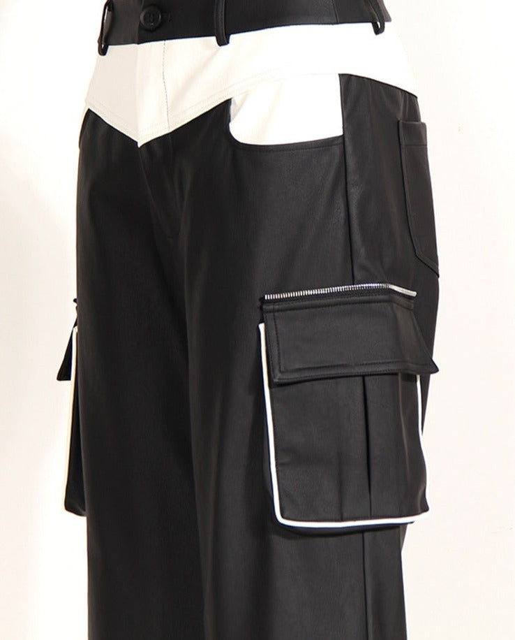 Black Color-block Pu Leather Pants