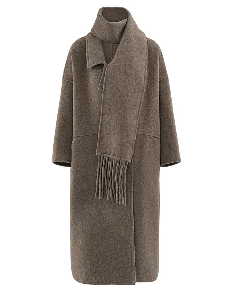 Big Size Long Woolen Coat With Scarf