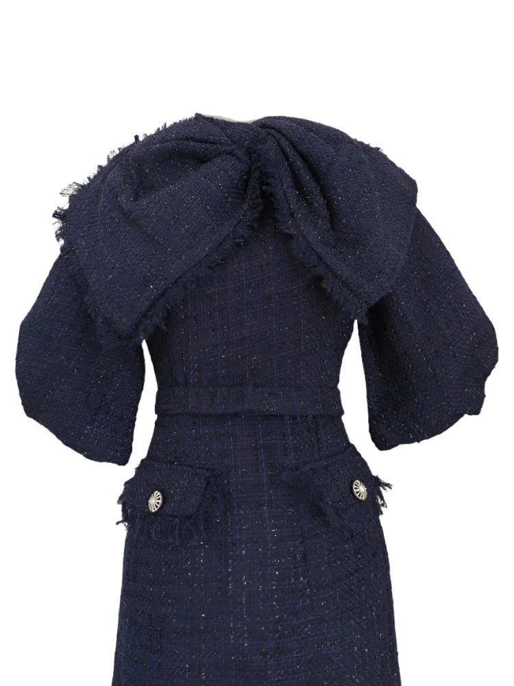 Bownot Tweed Dress with Puff Sleeve- Ready to Ship