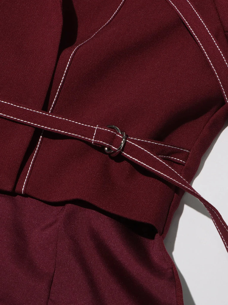 Burgundy Two Piece Set (Belted Blazer with Pants)