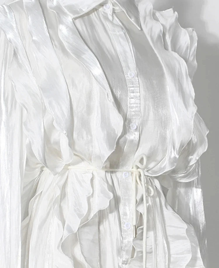 White UNUSUAL Ruffles Shirt Dress -NEW