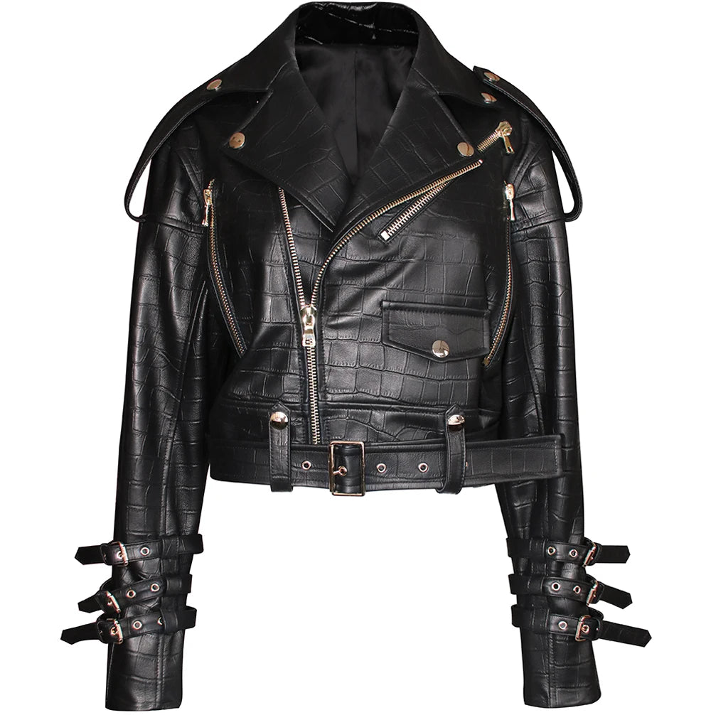 Croc Pattern Real Leather Biker Shiny Jacket