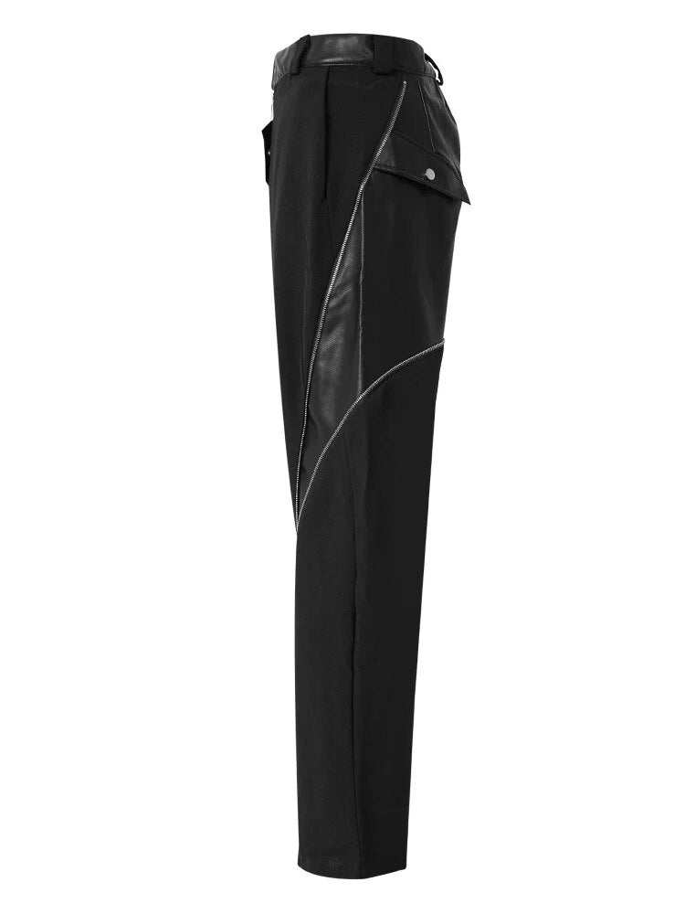 Black Pu Leather Zipper Wide Leg Pants
