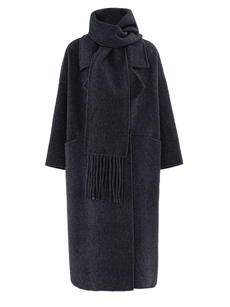 Big Size Long Woolen Coat With Scarf