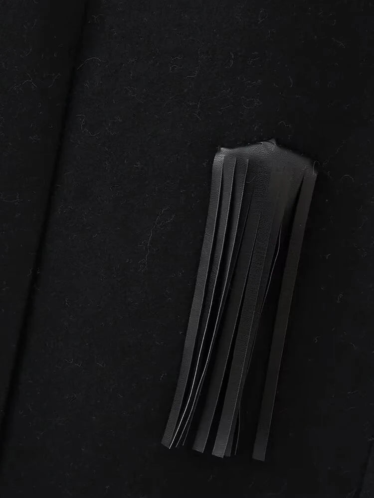 Black Woolen Coat with Leather Tassel