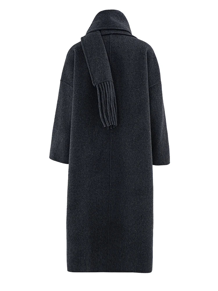 Big Size Long Woolen Coat With Scarf