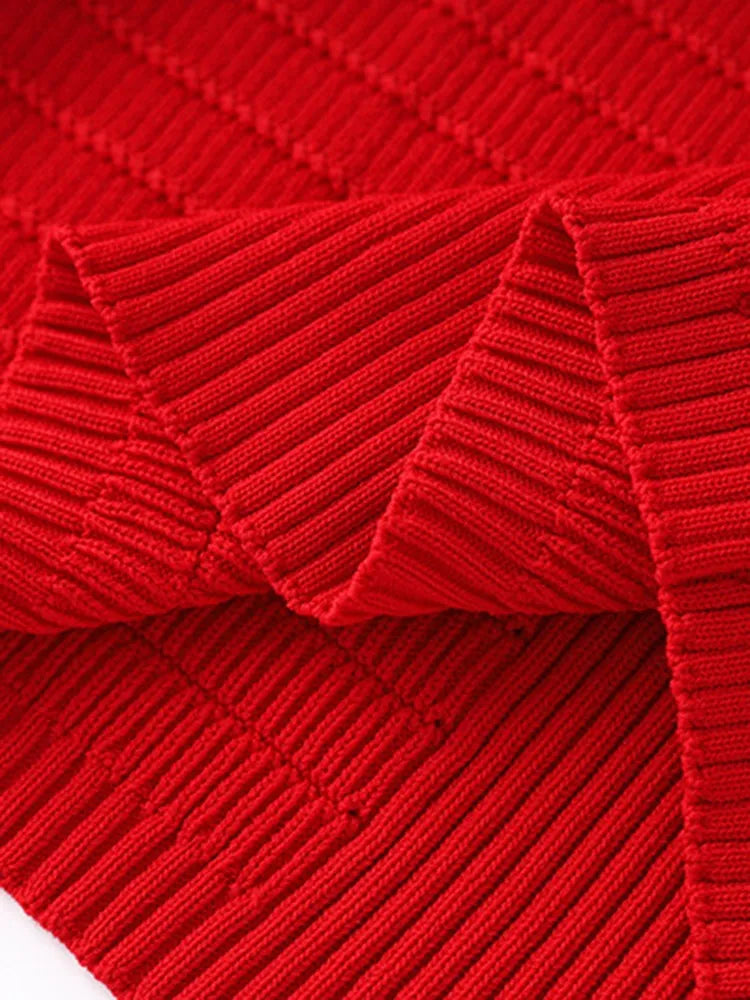Knitting Red Dress with V Neck