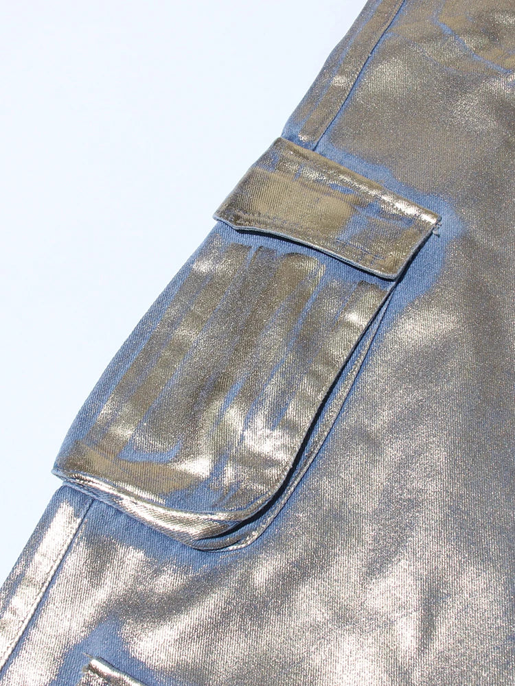 High Waist Pocket Metalic Denim Pants -NEW