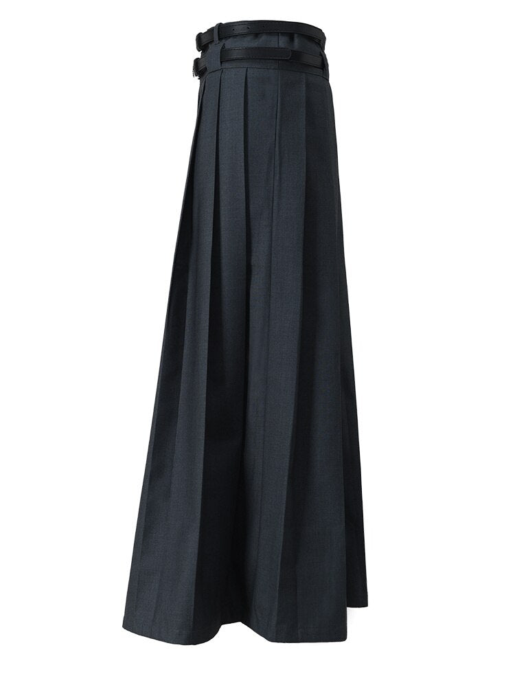 Belted Pleated Long Skirt
