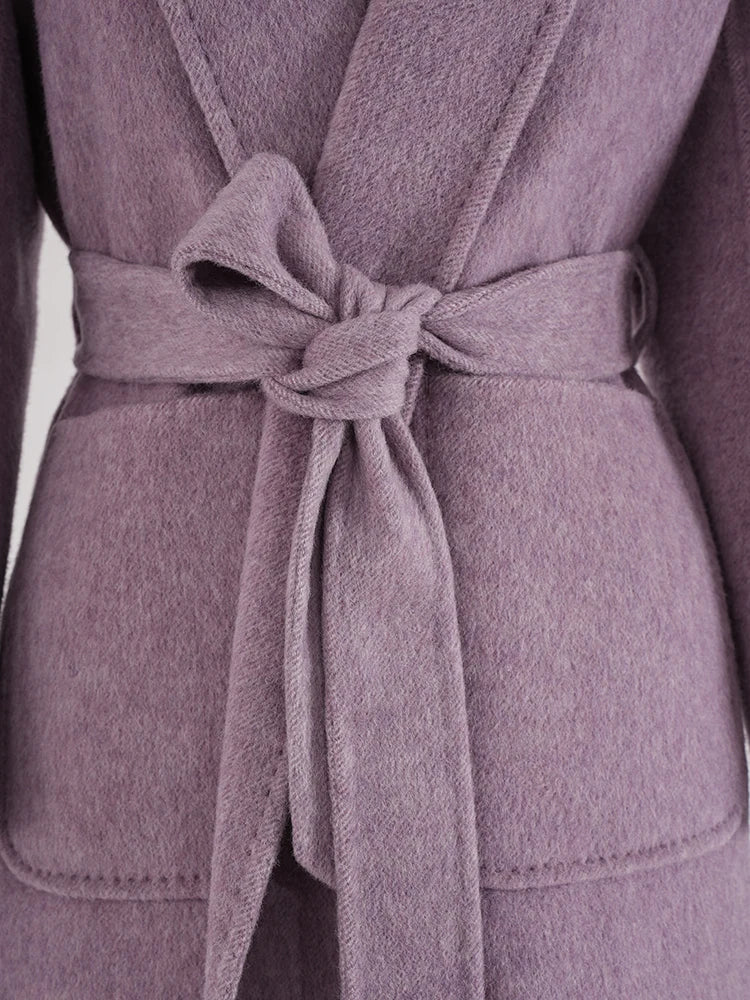 Pocket Belted Big Size Long Woolen Coat