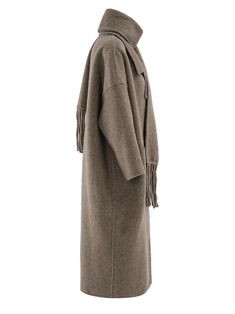 Big Size Long Woolen Coat With Scarf