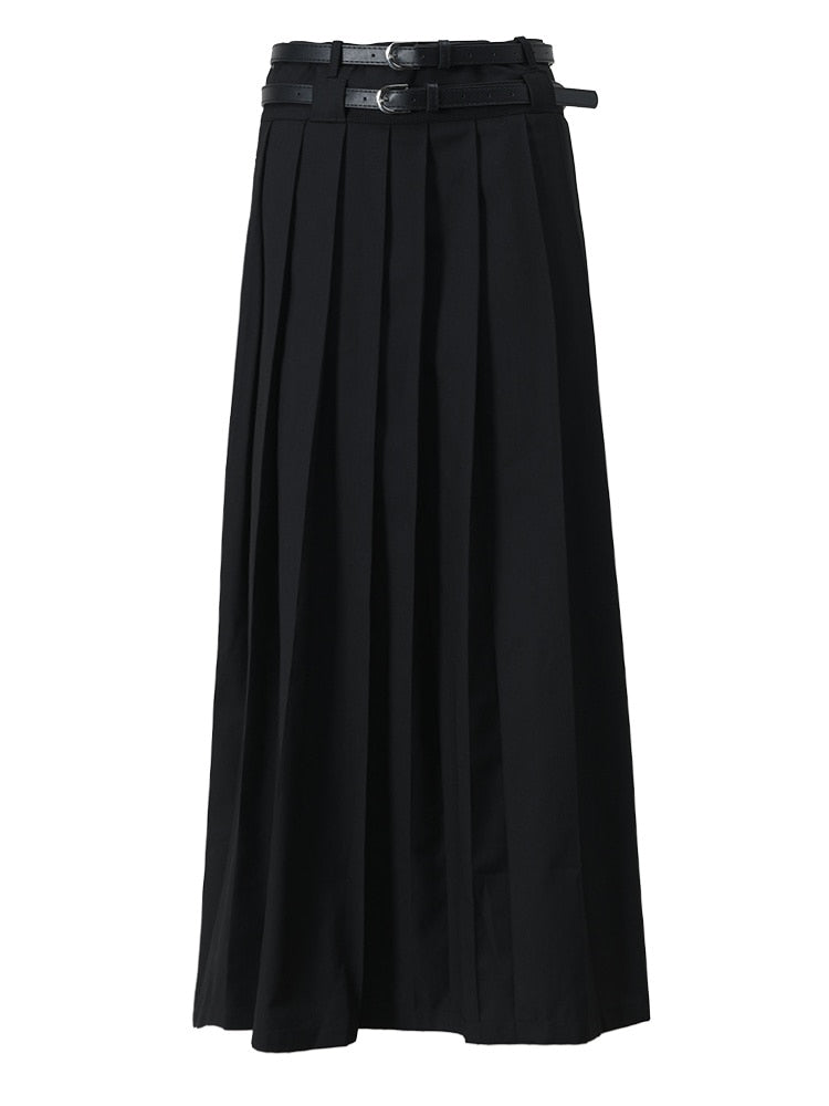 Belted Pleated Long Skirt