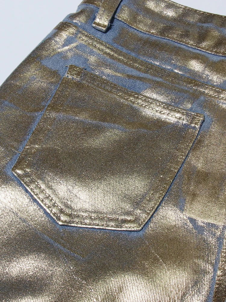 High Waist Pocket Metalic Denim Pants -NEW