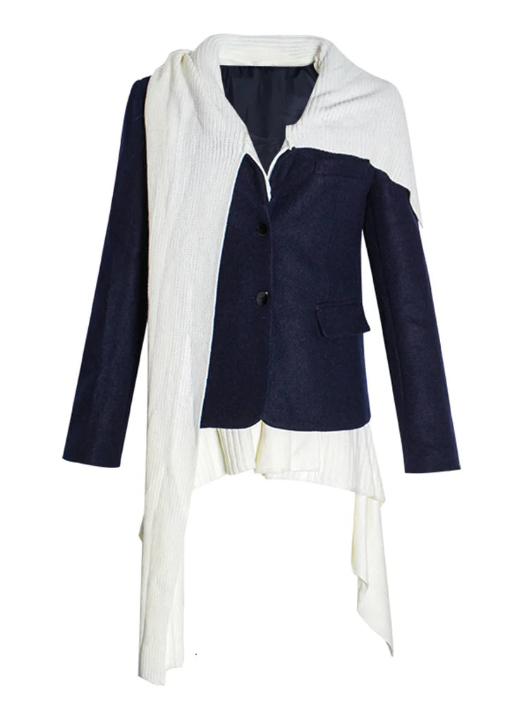 Colorblock Blazer with knitted inside blouse and Scarf Collar