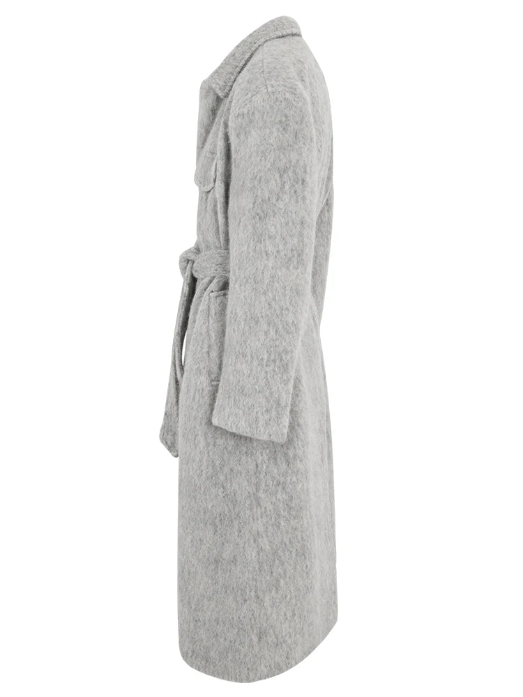 Elegant Belted Big Size Long Woolen Coat