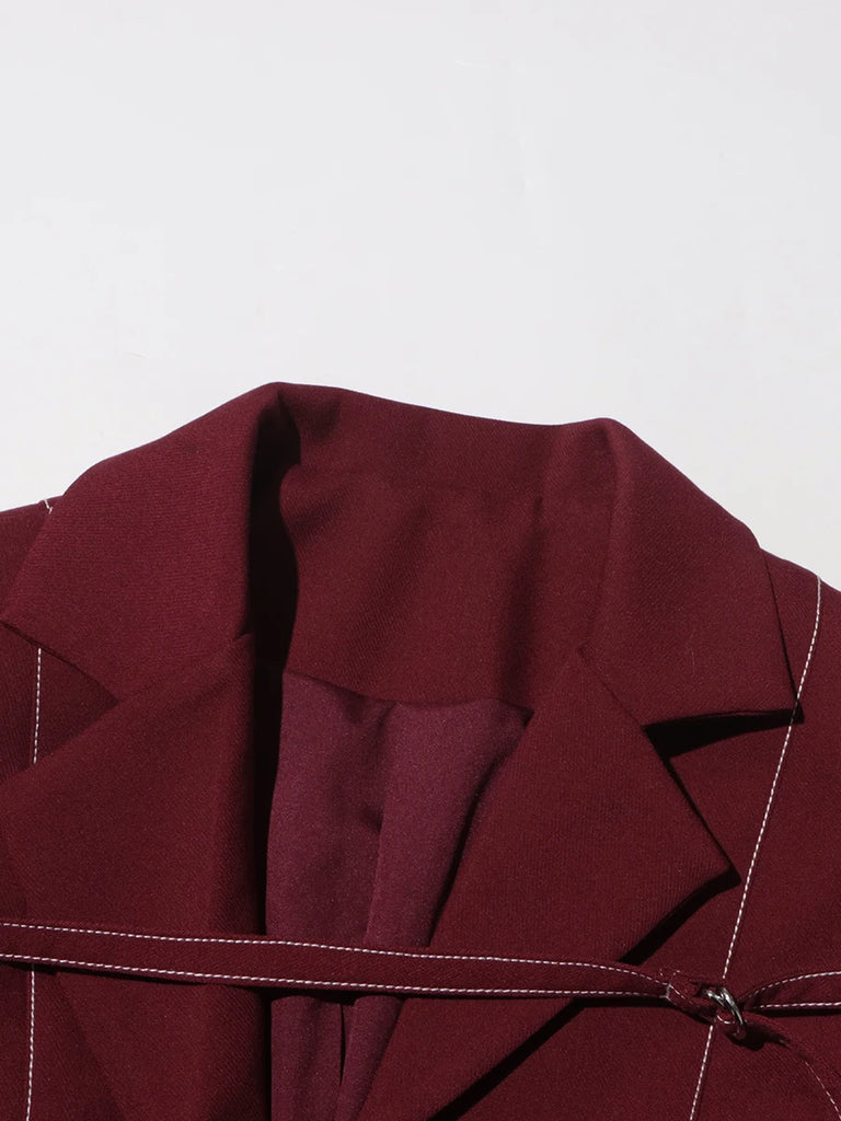 Burgundy Two Piece Set (Belted Blazer with Pants)