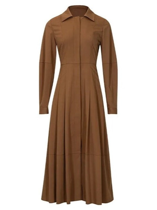 Brown Pleated Shirt Dress